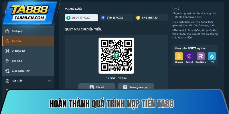 Hoàn thành quá trình Nạp tiền TA88