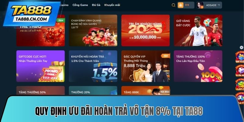 Quy định ưu đãi hoàn trả vô tận 8% tại TA88